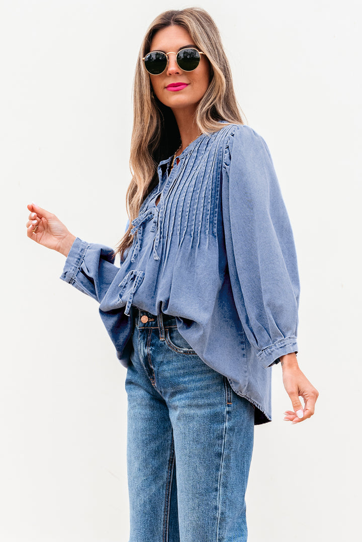 Myosotis Denim Front Pintuck Bow Tie Puff Sleeve Top - Awe Sweet Tees