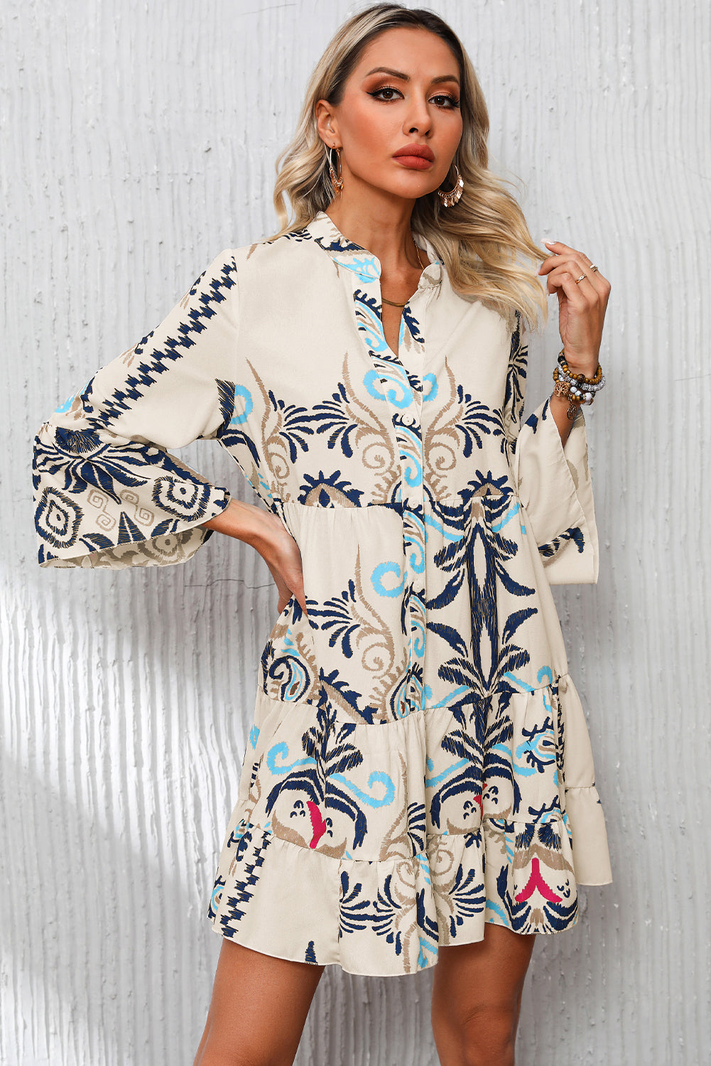 White Printed Tribal Bracelet Sleeve Buttoned Mini Dress - Awe Sweet Tees