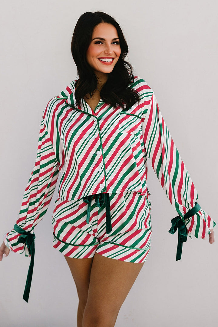 Green Striped Piping Trim Velvet Ribbon Knot Christmas Pajama Set