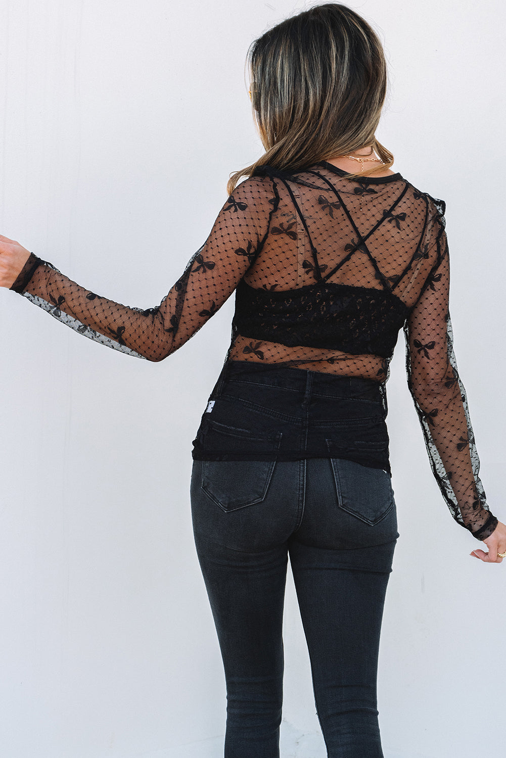 Black Bow Pattern Accent Mesh Long Sleeve Top - Awe Sweet Tees