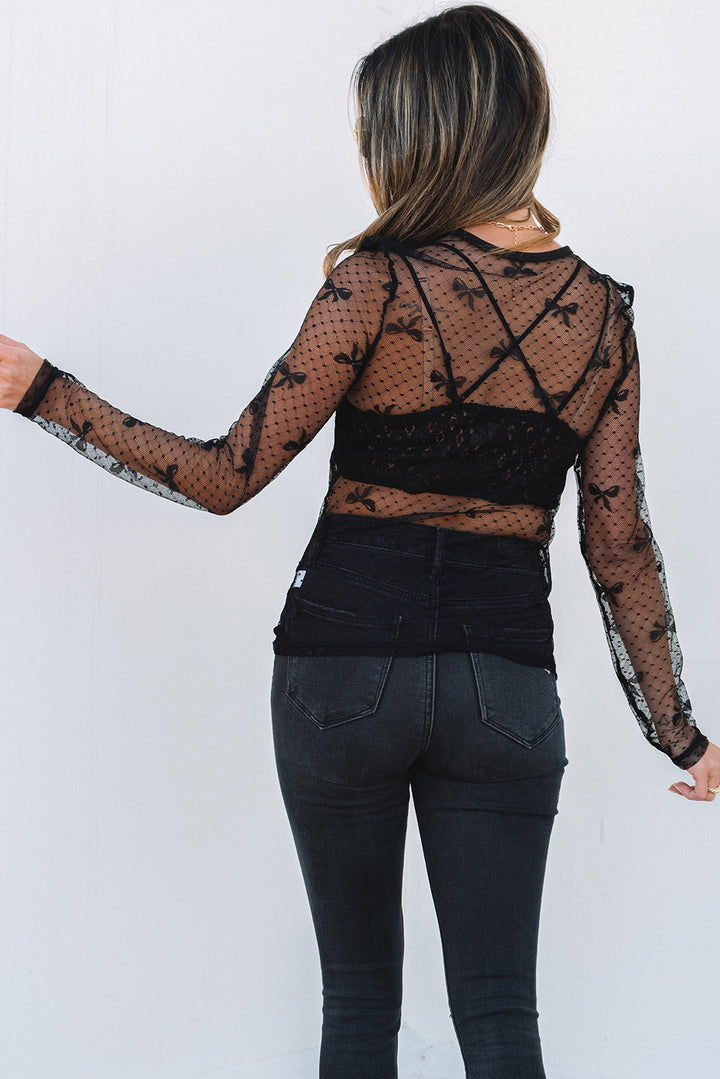 Black Bow Pattern Accent Mesh Long Sleeve Top - Awe Sweet Tees