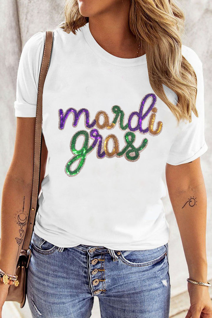 White Sequin mardi gras Graphic T Shirt - Awe Sweet Tees