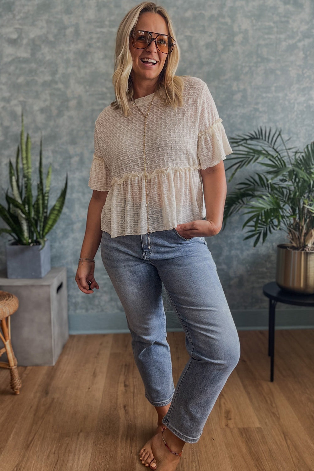 Beige Solid Color Textured Ruffled Short Sleeve Blouse - Awe Sweet Tees