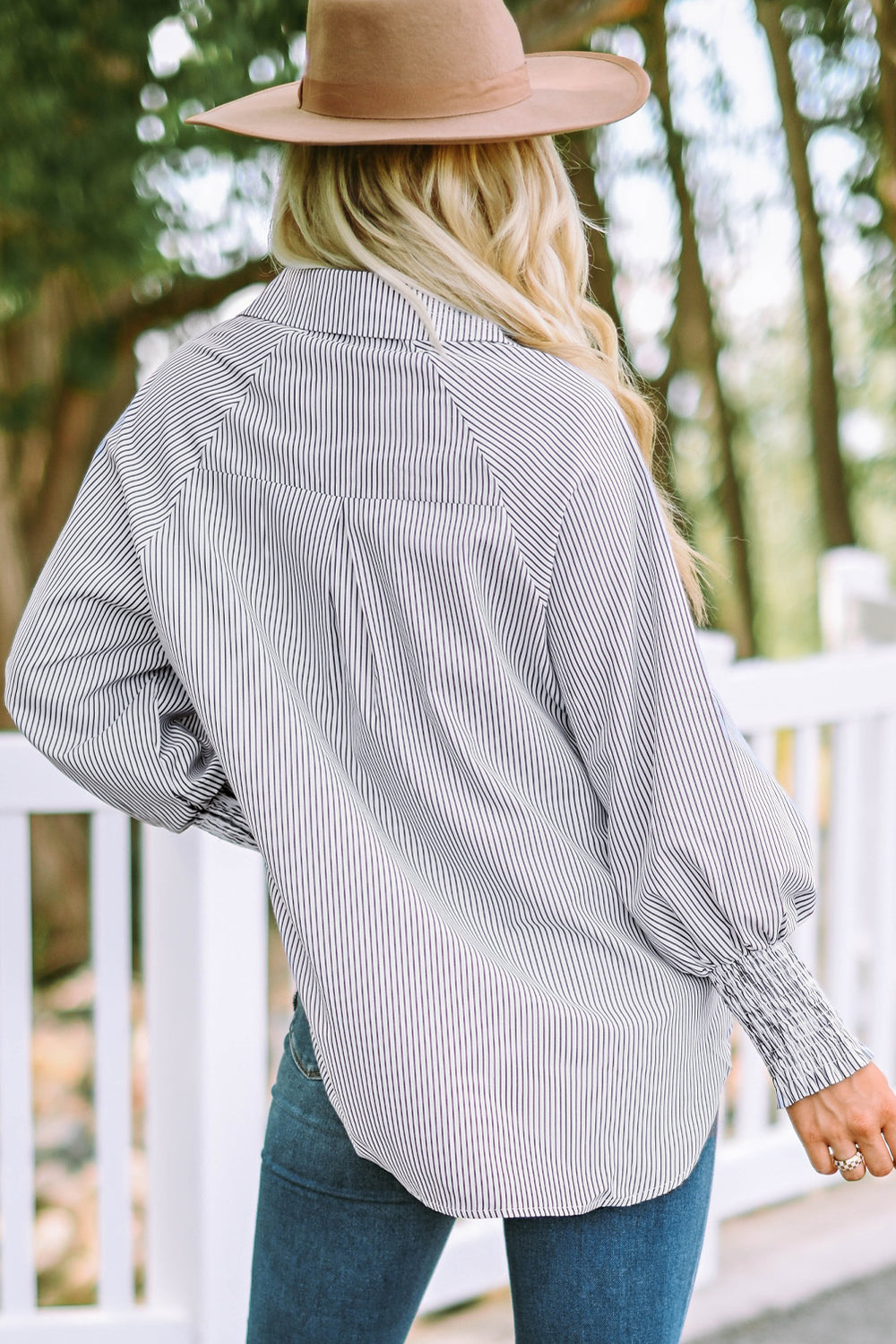 Smocked Cuffed Striped Boyfriend Shirt with Pocket - Awe Sweet Tees