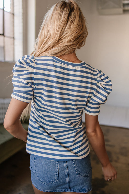 Blue Stripe America Cursive Graphic Puff Sleeve T-shirt - Awe Sweet Tees