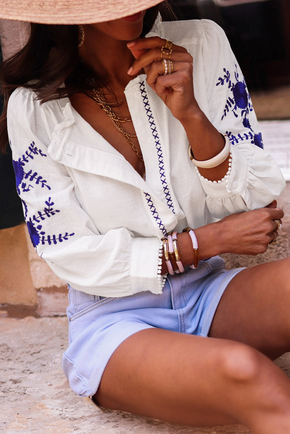 White Floral Embroidered Bracelet Sleeve Shirt - Awe Sweet Tees