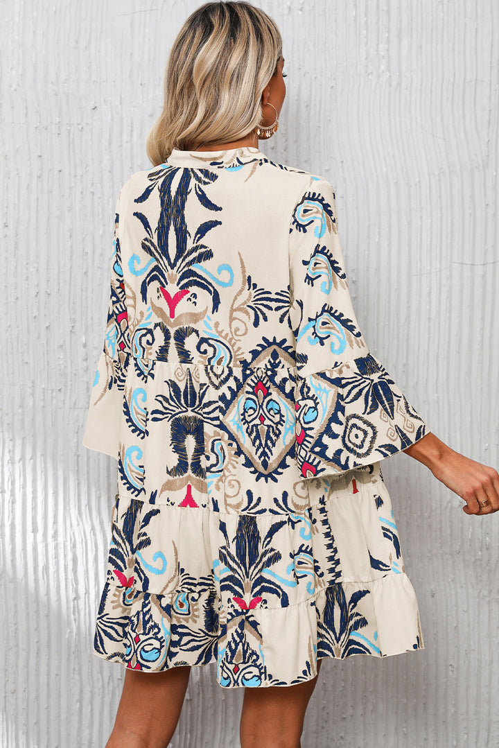 White Printed Tribal Bracelet Sleeve Buttoned Mini Dress - Awe Sweet Tees